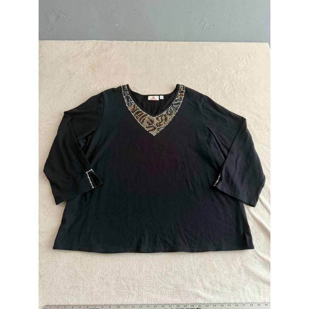 Quacker Factory Black Embellished V-Neck 3/4 Sleeve Top Plus Size 3X Studded
